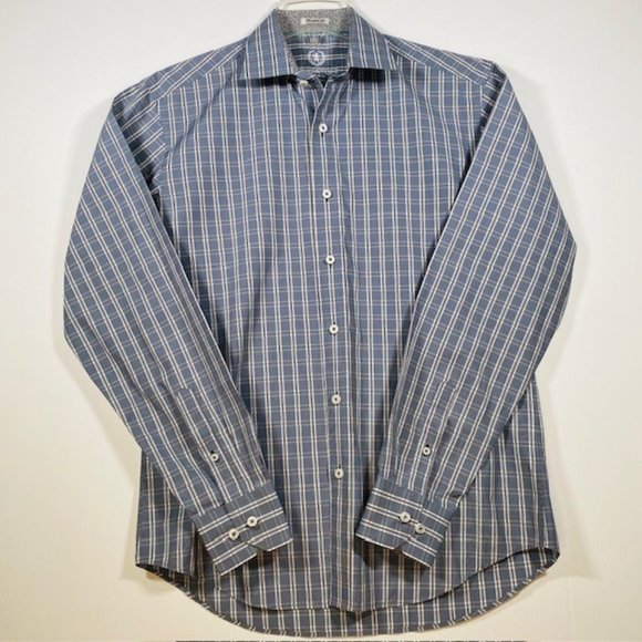 BUGATCHI‎ Shaped Fit Men's Collared Gray White Black Plaid Collared Shirt Size M - Picture 1 of 5